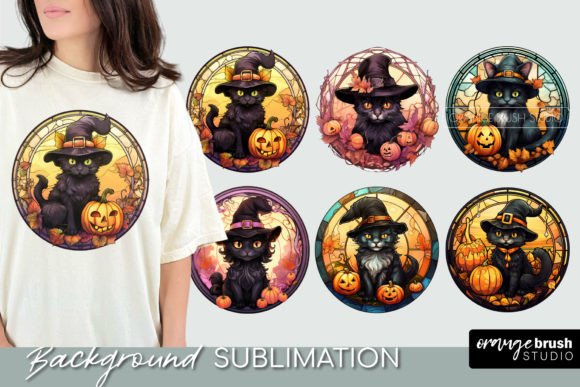 Halloween Cat Stained Glass Round PNG